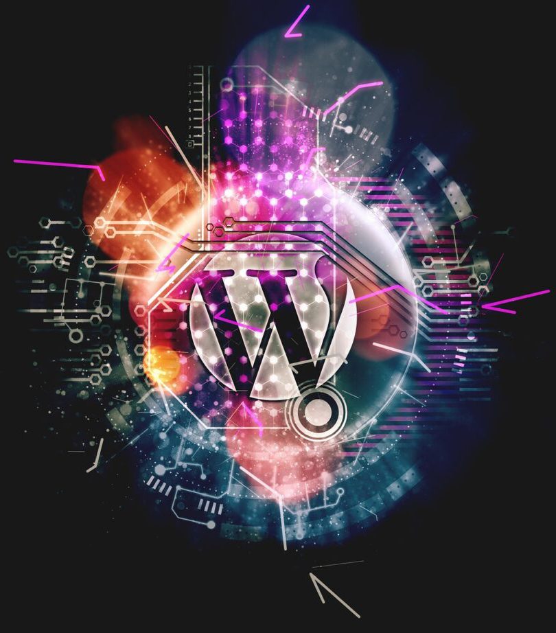 Wordpress logo with circuits and lights surrounding logo