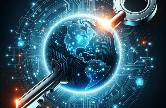 Illustration eines eleganten Schlüssels im digitalen Stil, der einen digitalen High-Tech-Globus mit leuchtenden Schaltkreisen und Knoten dreht und entriegelt. Der Globus strahlt Licht aus